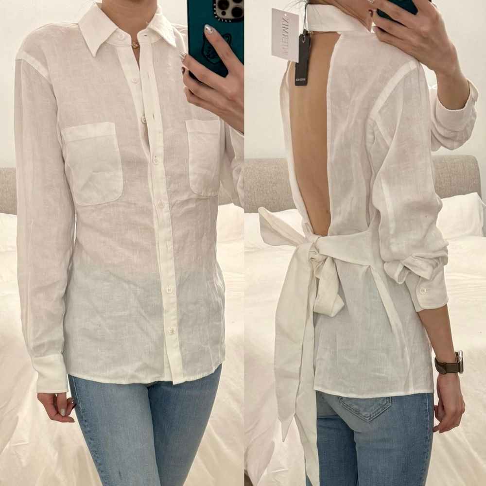 NWT Marissa Webb White Button Down Linen Shirt with Open Low Back and Bow XS